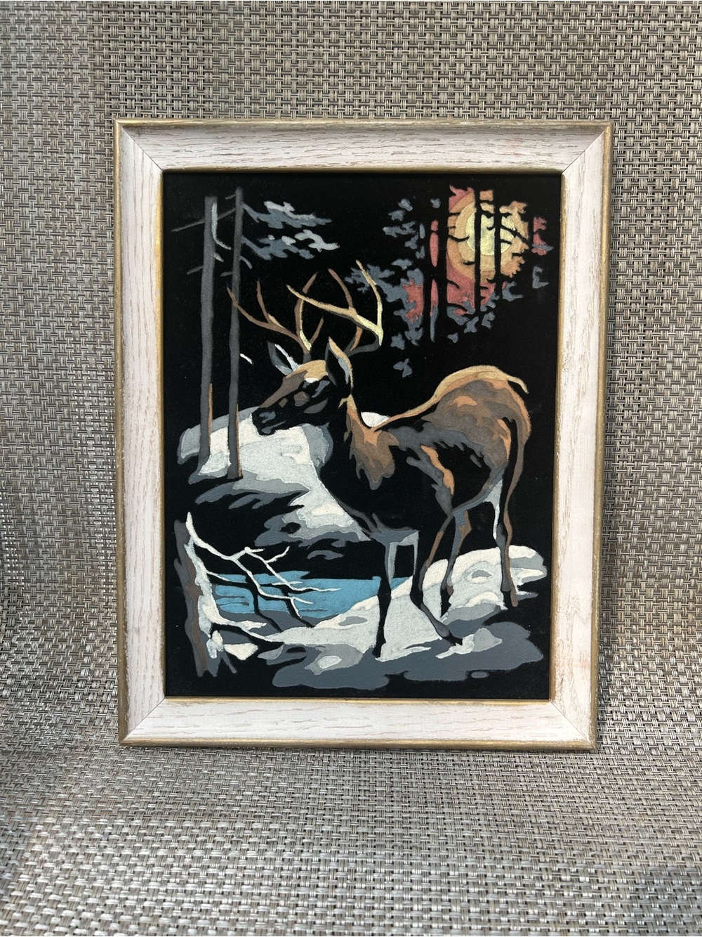 Vintage Framed Black Velvet Deer Painting Winter Scene Buck - Wall Art /artwork